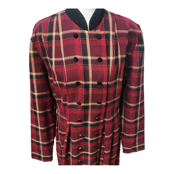 MHM Vintage Long Red Black Plaid Maxi Double Breasted Homestead Button Dress - Picture 3 of 9